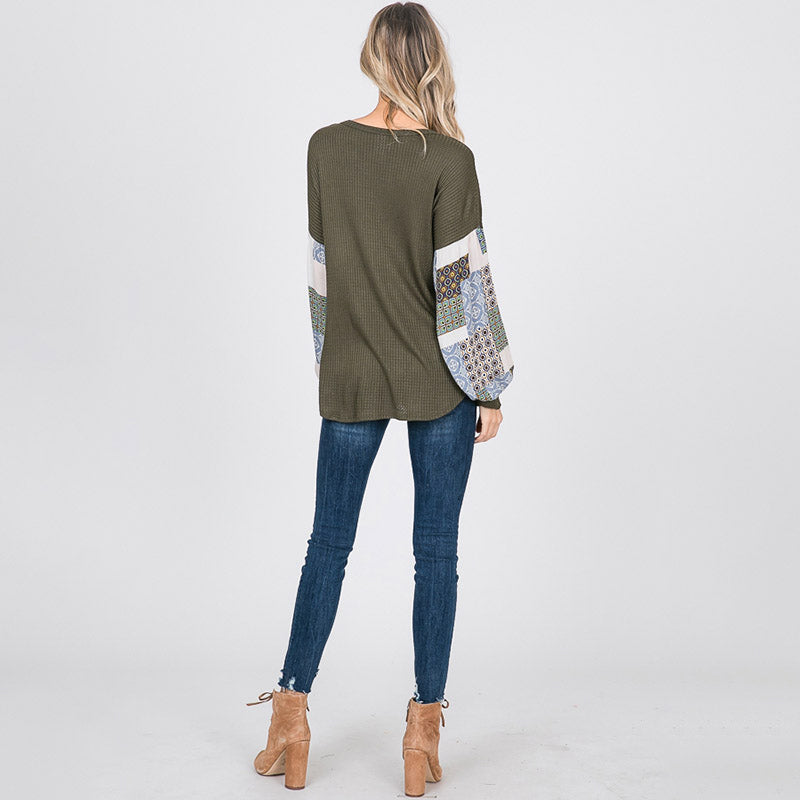 Patchwork Sleeve Tie Top Khaki