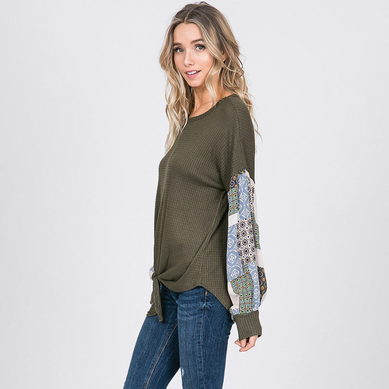 Patchwork Sleeve Tie Top Khaki