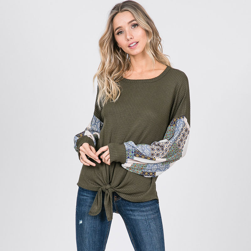 Patchwork Sleeve Tie Top Khaki