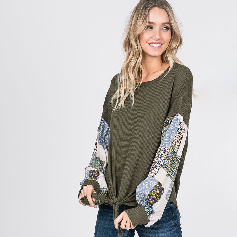 Patchwork Sleeve Tie Top Khaki
