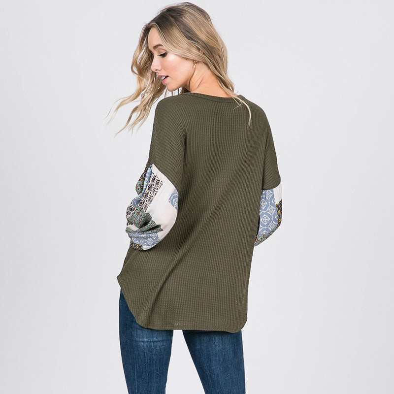 Patchwork Sleeve Tie Top Khaki