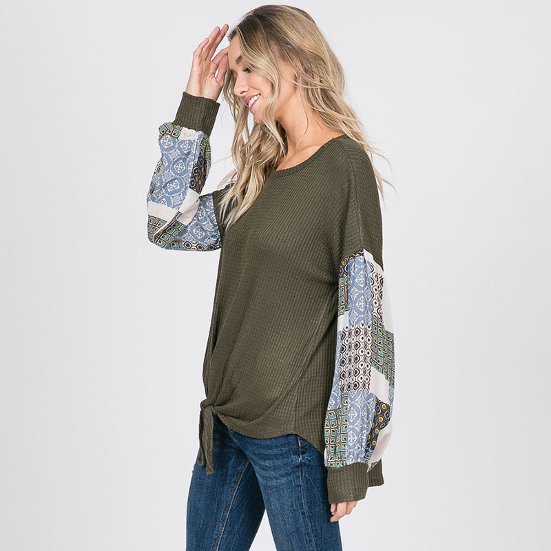 Patchwork Sleeve Tie Top Khaki