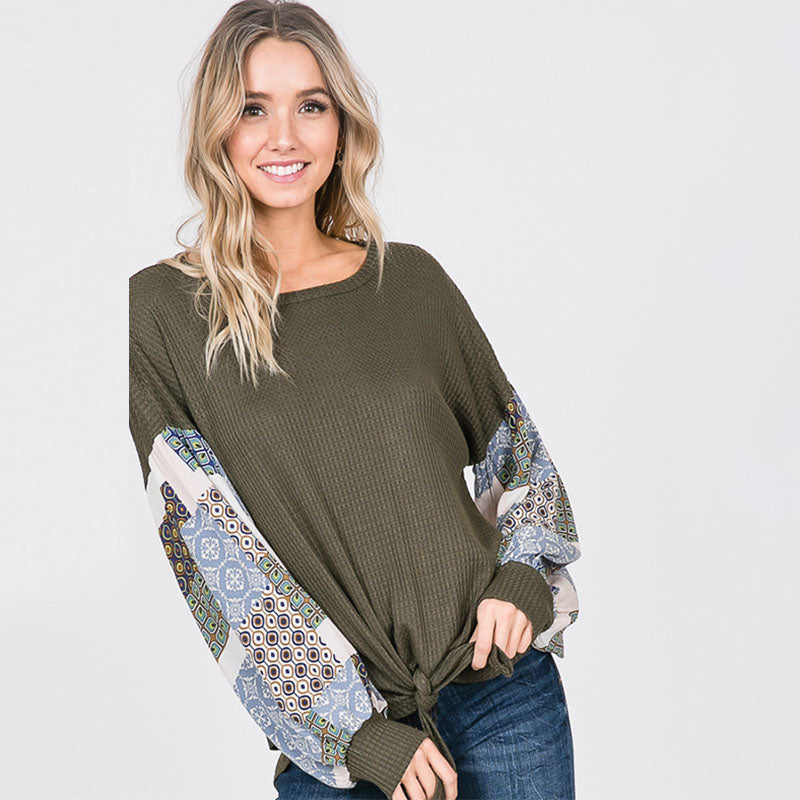 Patchwork Sleeve Tie Top Khaki