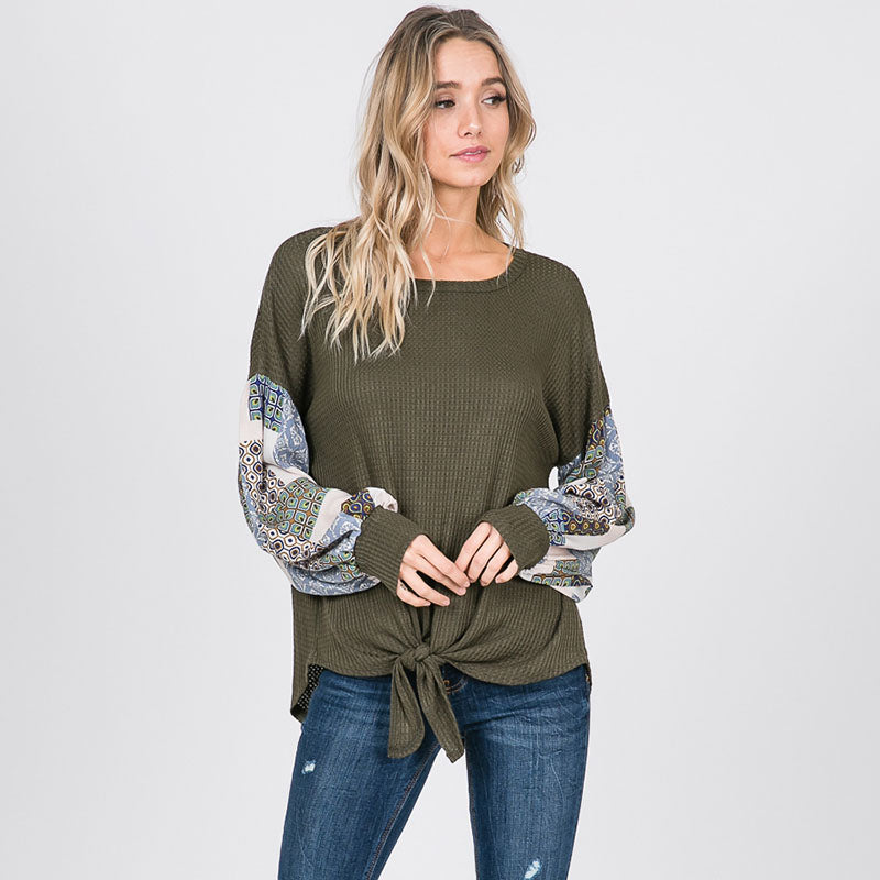 Patchwork Sleeve Tie Top Khaki