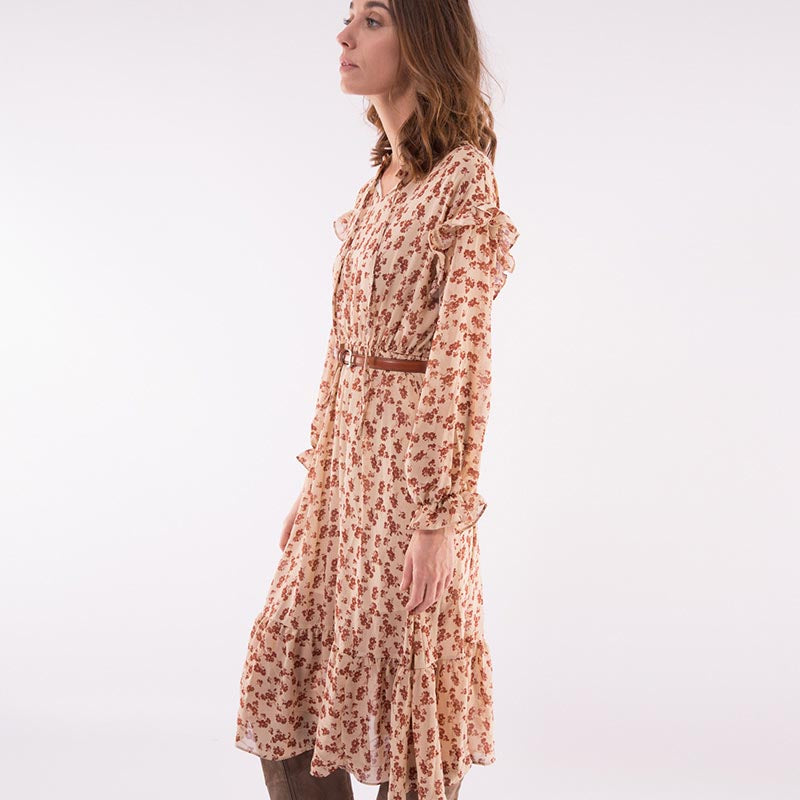 Ruffle Sleeve Midi Dress Beige