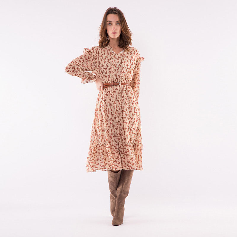 Ruffle Sleeve Midi Dress Beige