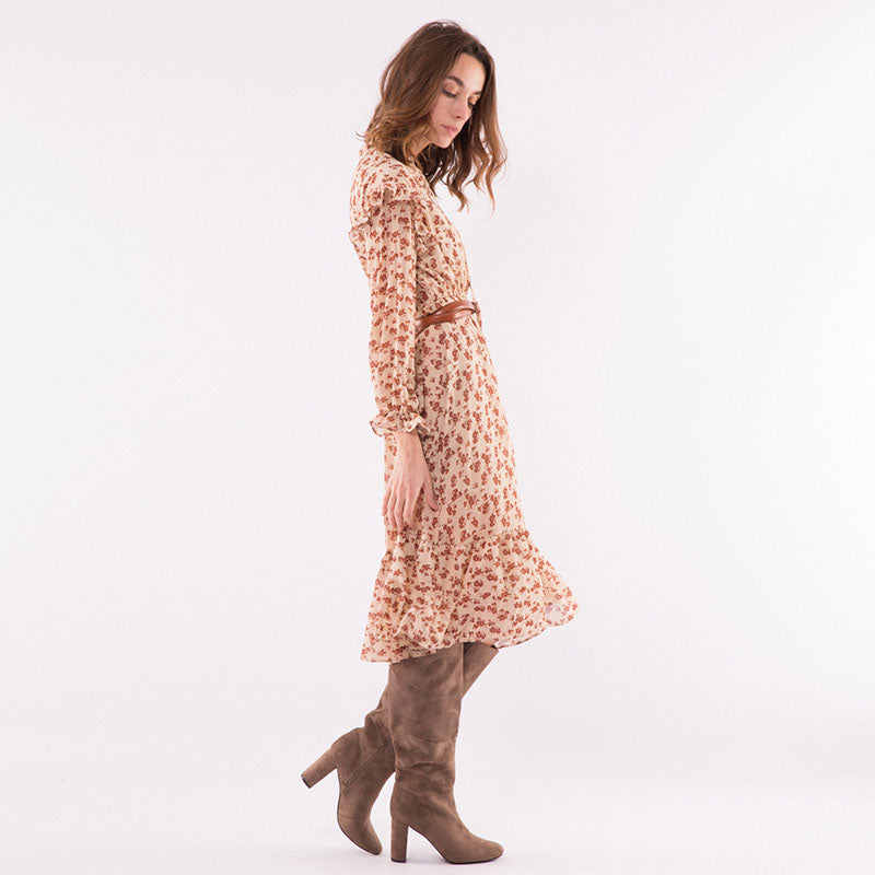 Ruffle Sleeve Midi Dress Beige