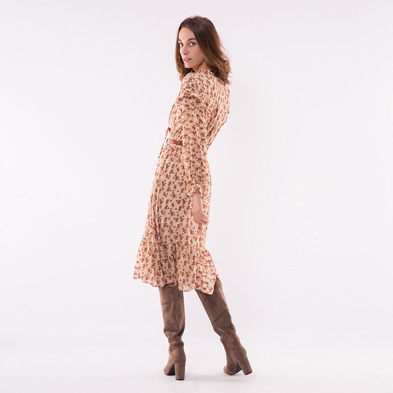 Ruffle Sleeve Midi Dress Beige