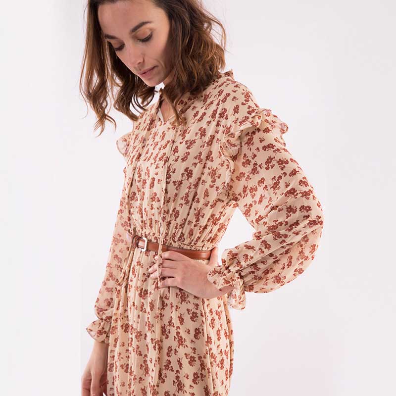 Ruffle Sleeve Midi Dress Beige