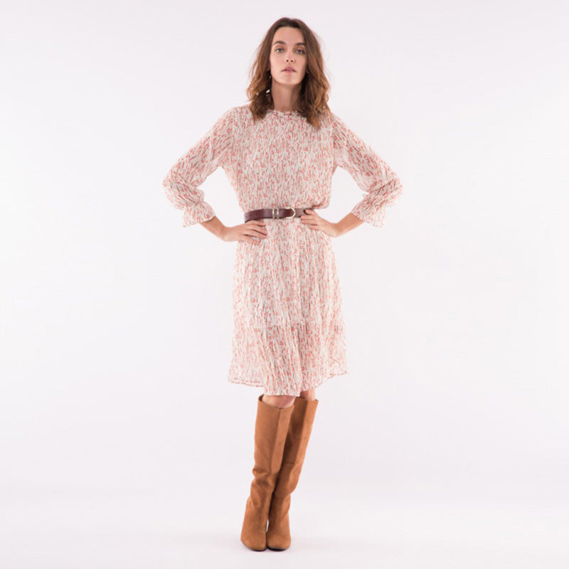 Pleated Swing Midi Dress Beige