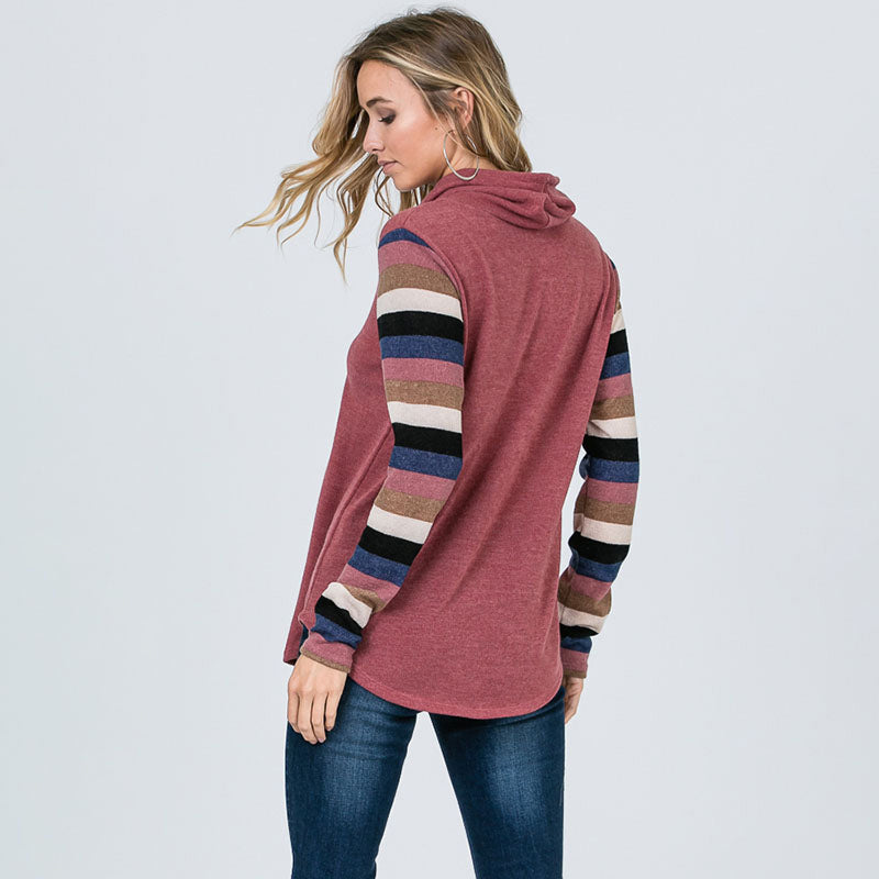 Cowl Neck Stripe Sleeve Top Mauve