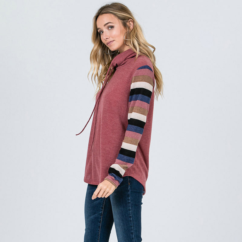Cowl Neck Stripe Sleeve Top Mauve