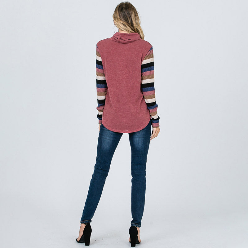 Cowl Neck Stripe Sleeve Top Mauve
