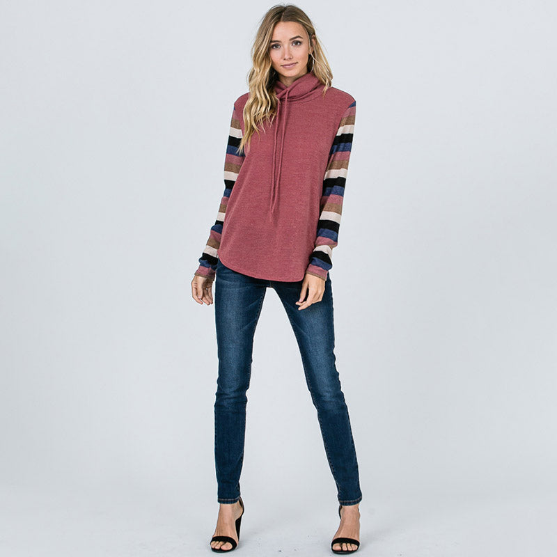 Cowl Neck Stripe Sleeve Top Mauve