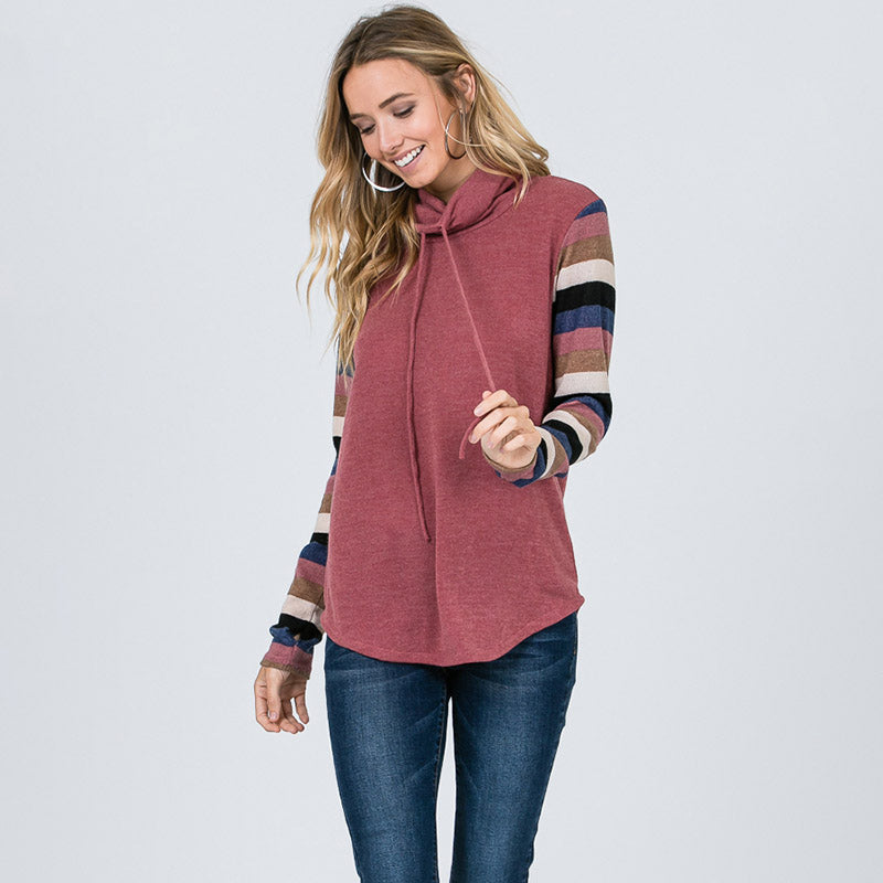 Cowl Neck Stripe Sleeve Top Mauve