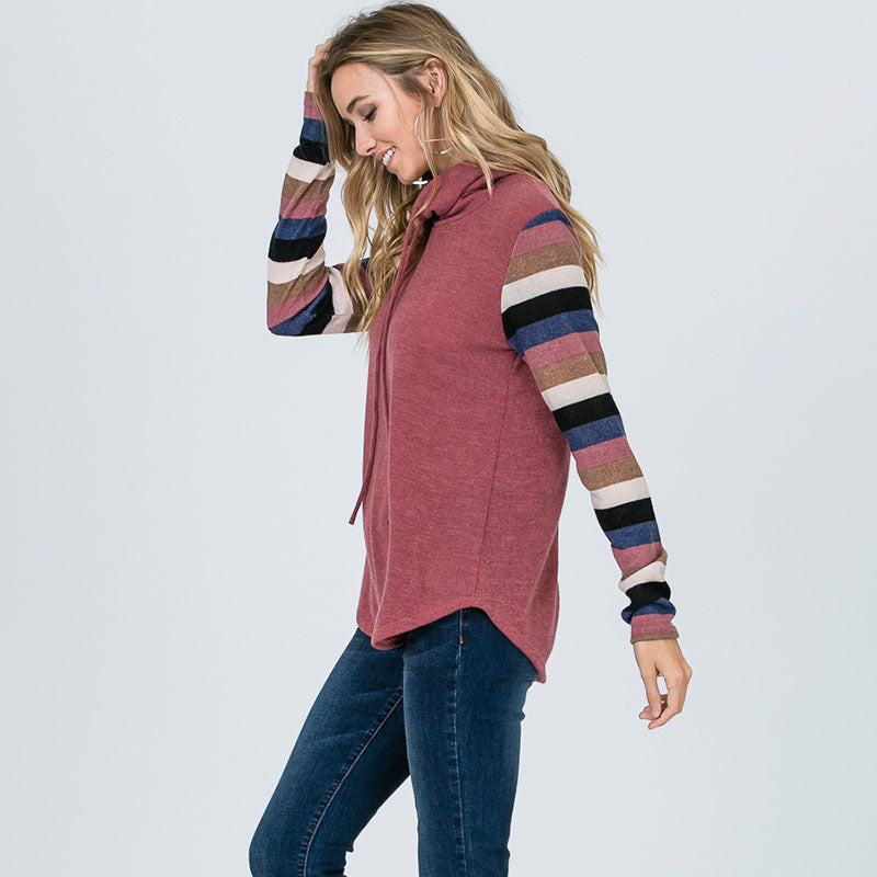Cowl Neck Stripe Sleeve Top Mauve