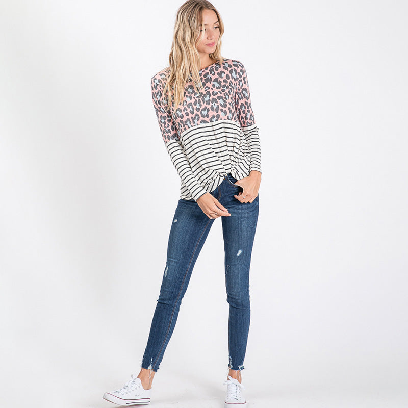 Leo Leopard Stripe Knot Top Blush