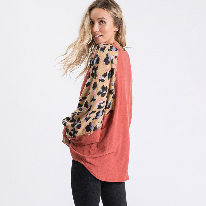 Anna Leopard Sleeve Oversized Top Mauve - The Casual Company