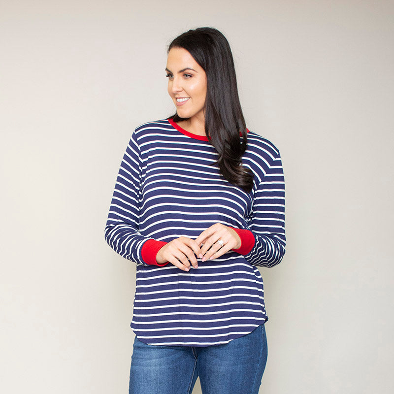 Katie Contrast Cuff Stripe Top (Cherry)