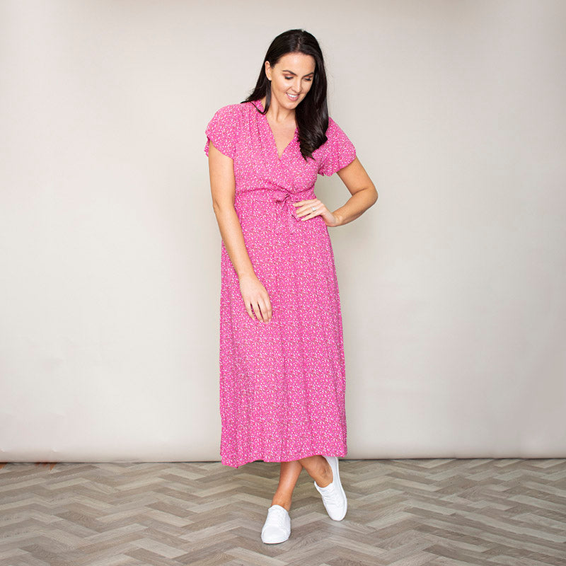Carmen Floral Midi Dress (Fuchsia)
