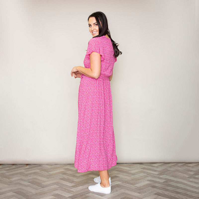 Carmen Floral Midi Dress (Fuchsia)