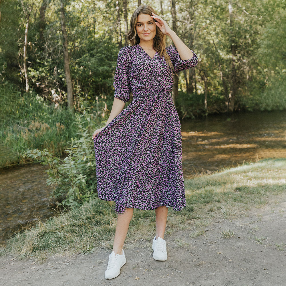 purple daisy print dress Mille Daisy Dress in Provence Floral Quattro Tizi