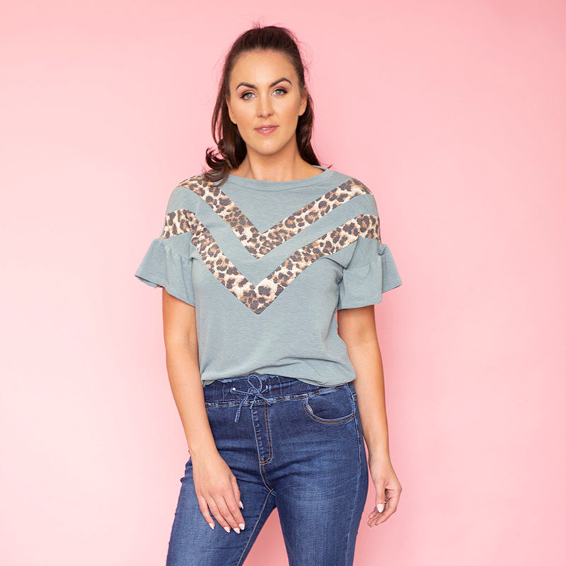 Cheever Chevron Ruffled Sleeve Top (Sage) - The Casual Company