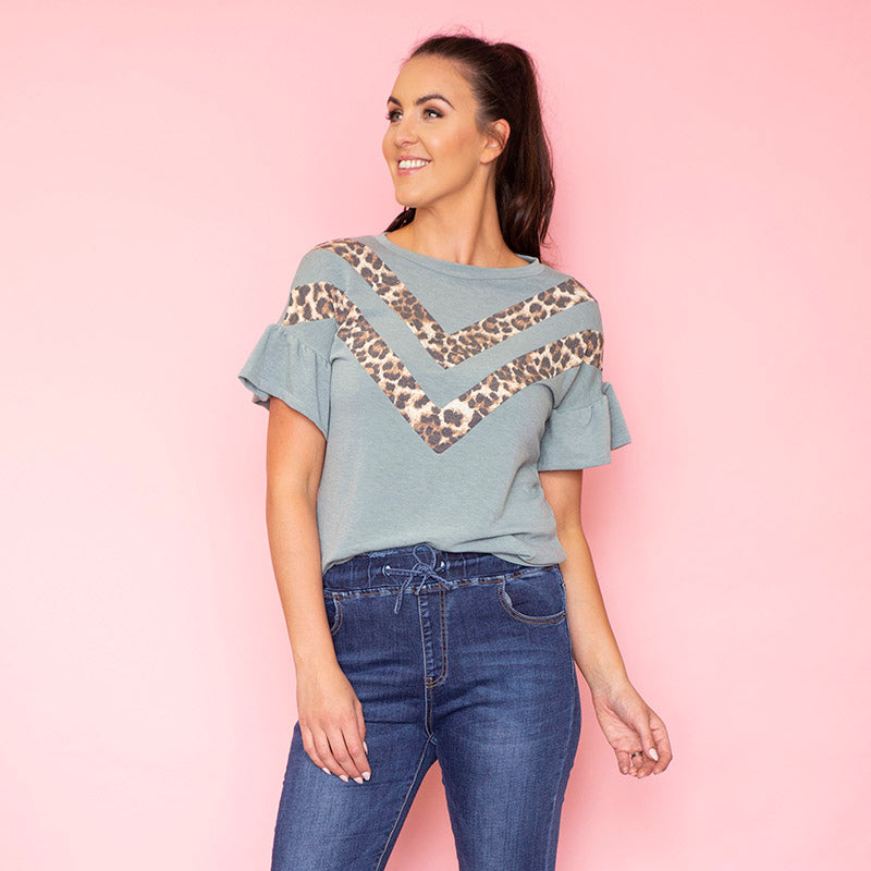 Cheever Chevron Ruffled Sleeve Top (Sage) - The Casual Company