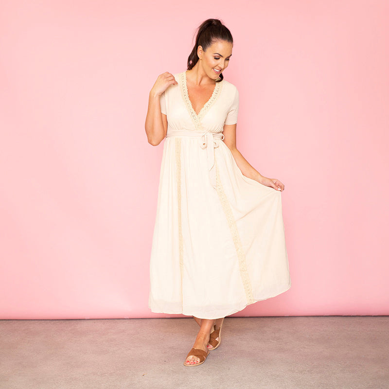 Lara Lace Trim Maxi Dress (Oat)