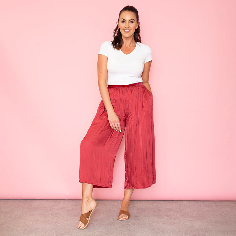 Aly Loose Elastic Waist Trousers Cherry - The Casual Company