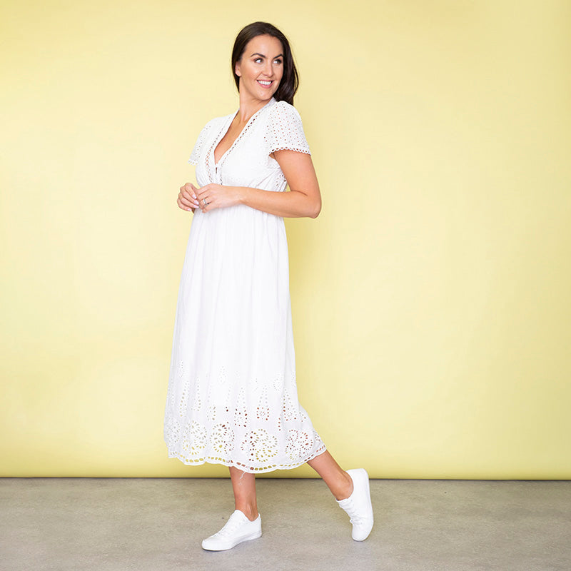 May Cap Sleeve Midi Dress (White)