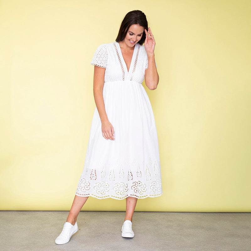 May Cap Sleeve Midi Dress (White)