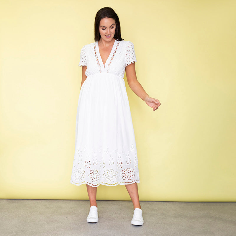 May Cap Sleeve Midi Dress (White)