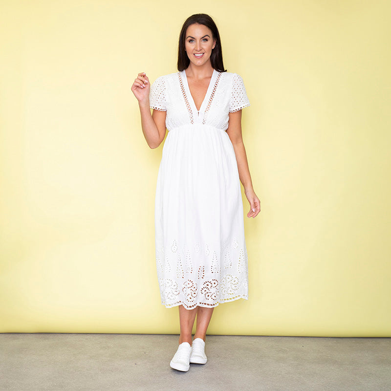 May Cap Sleeve Midi Dress (White)