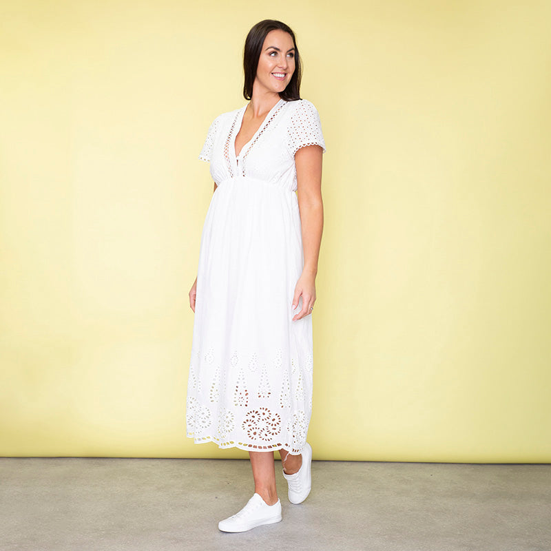 May Cap Sleeve Midi Dress (White)