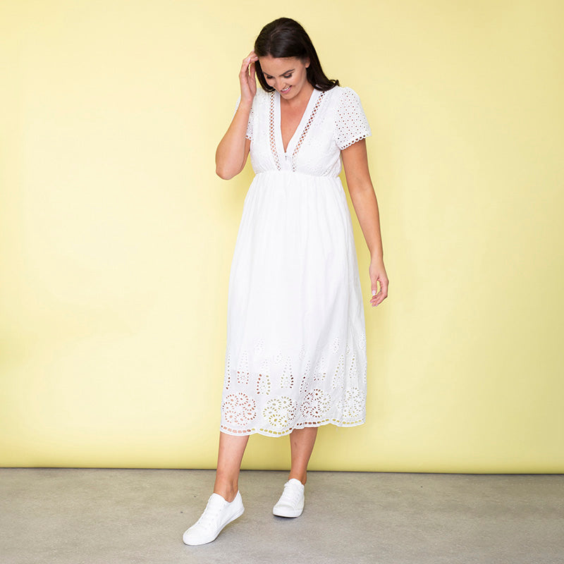 May Cap Sleeve Midi Dress (White)