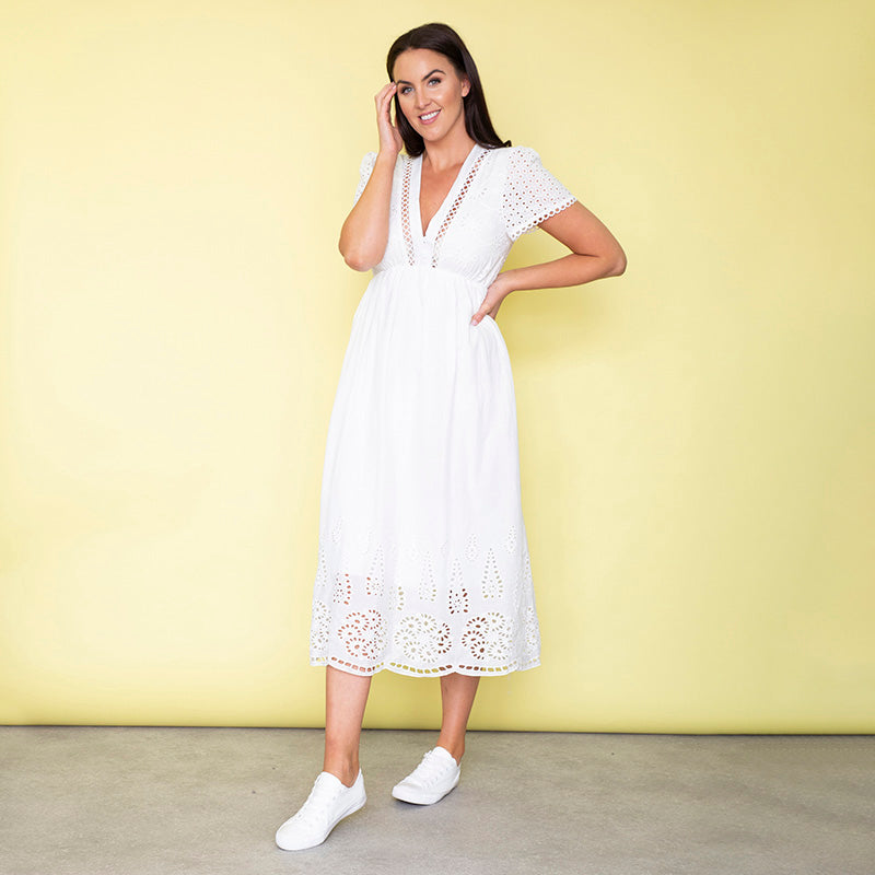May Cap Sleeve Midi Dress (White)