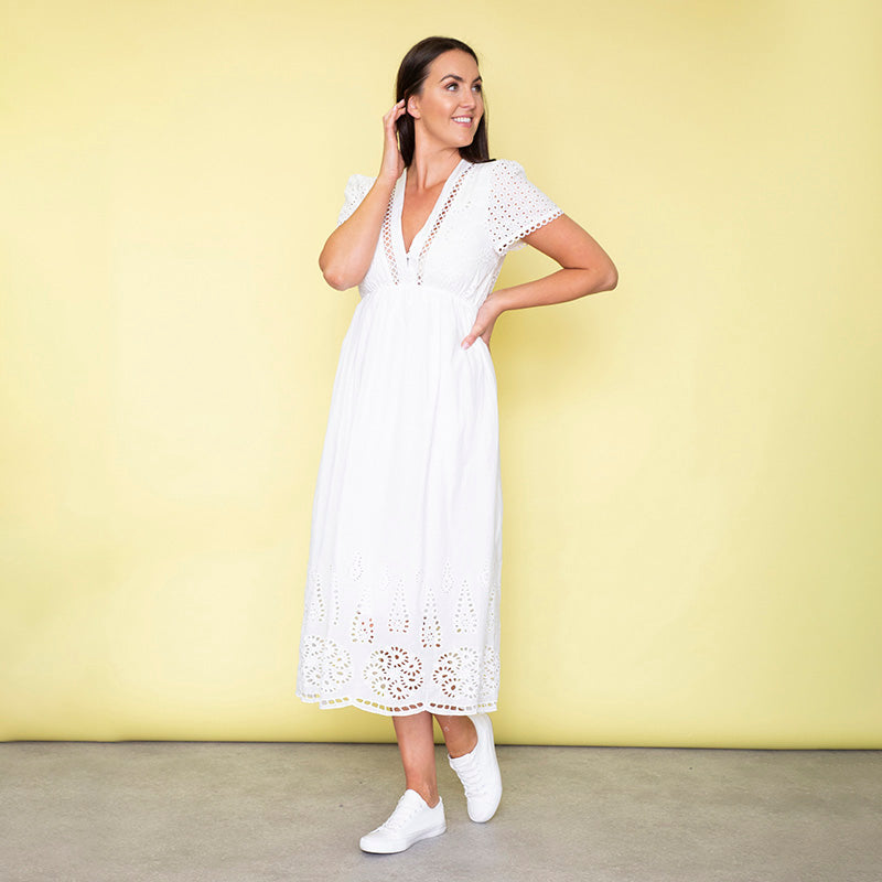 May Cap Sleeve Midi Dress (White)