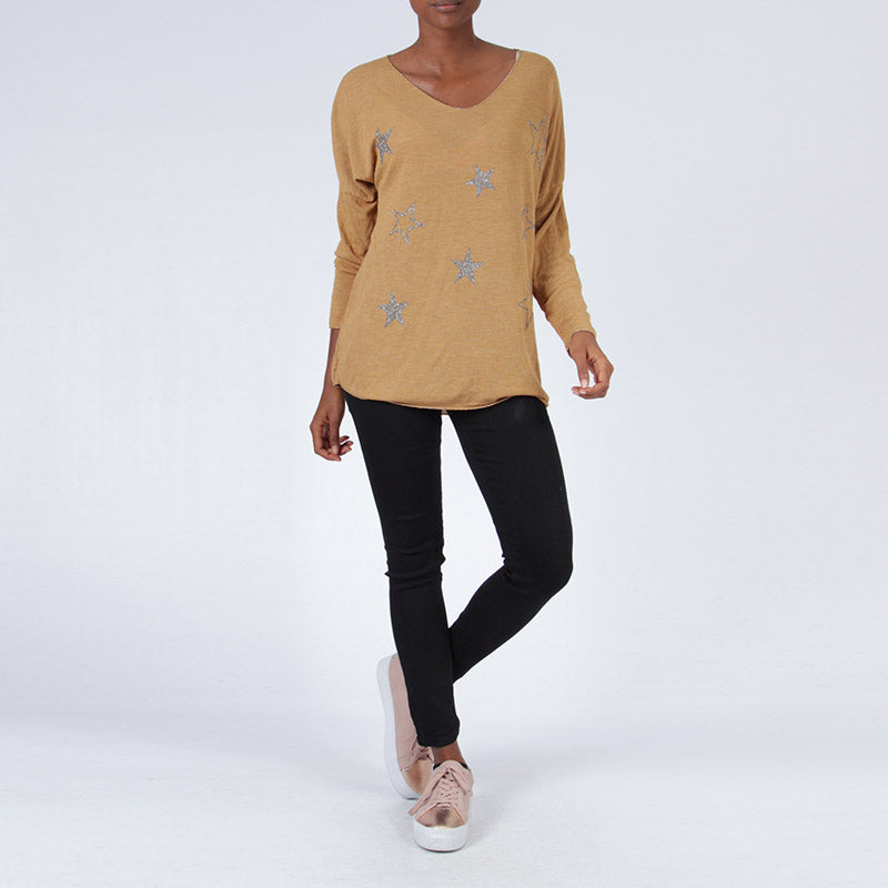 Star V Neck Jumper Mustard