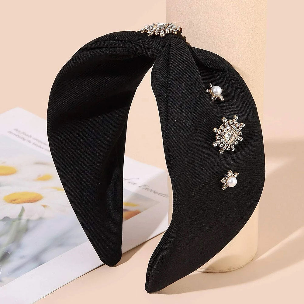 Rhinestone & Faux Pearl Decor Hair Hoop (Black)