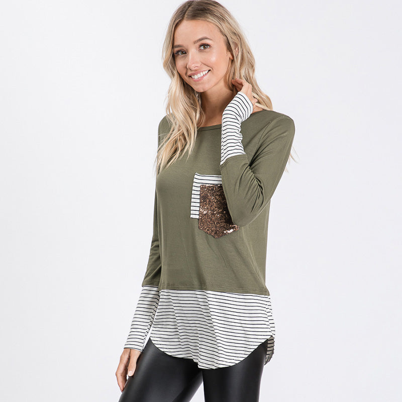 Sule Striped Hem Pocket Top Khaki