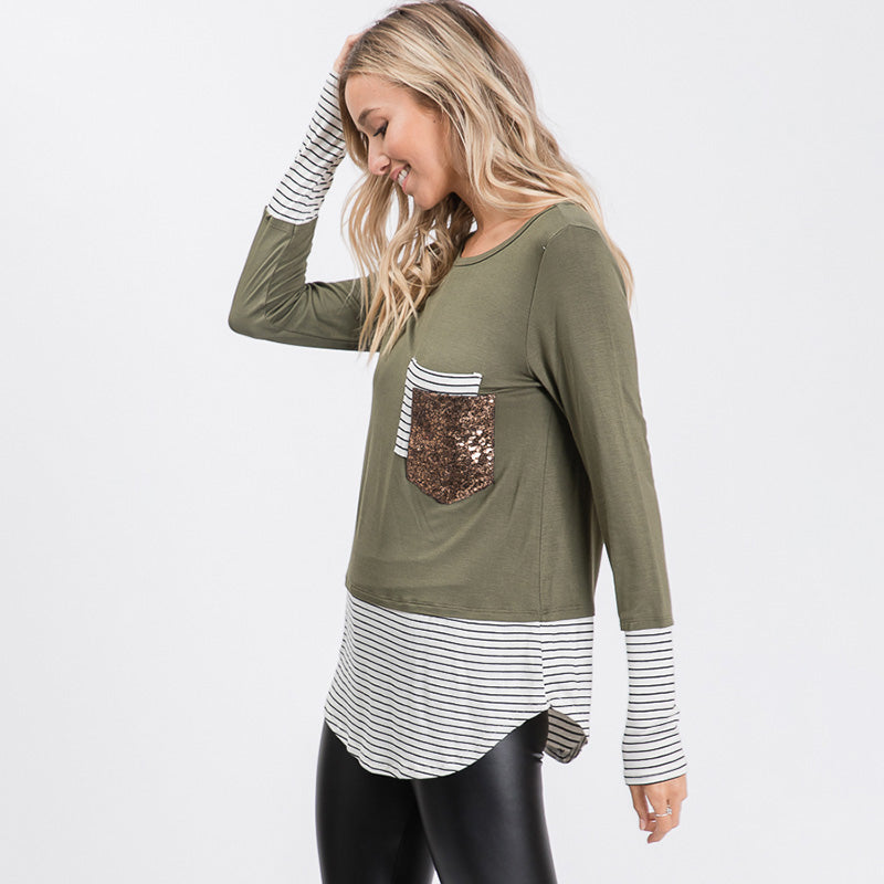 Sule Striped Hem Pocket Top Khaki