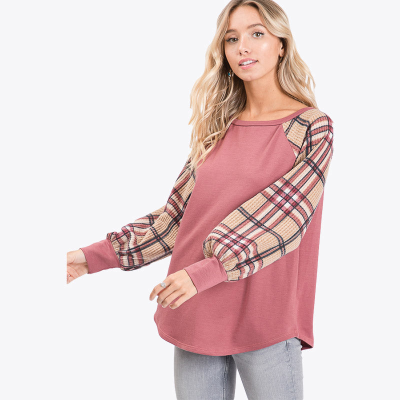 Eve Plaid Sleeve Top Mauve