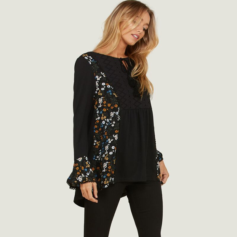 Floral Flute Sleeve Blouse Black