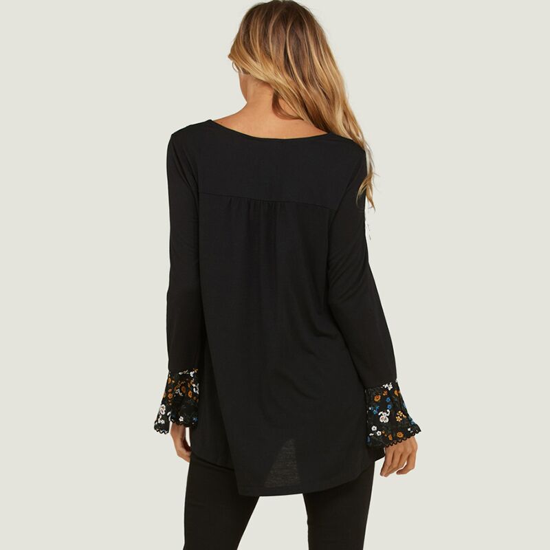 Floral Flute Sleeve Blouse Black