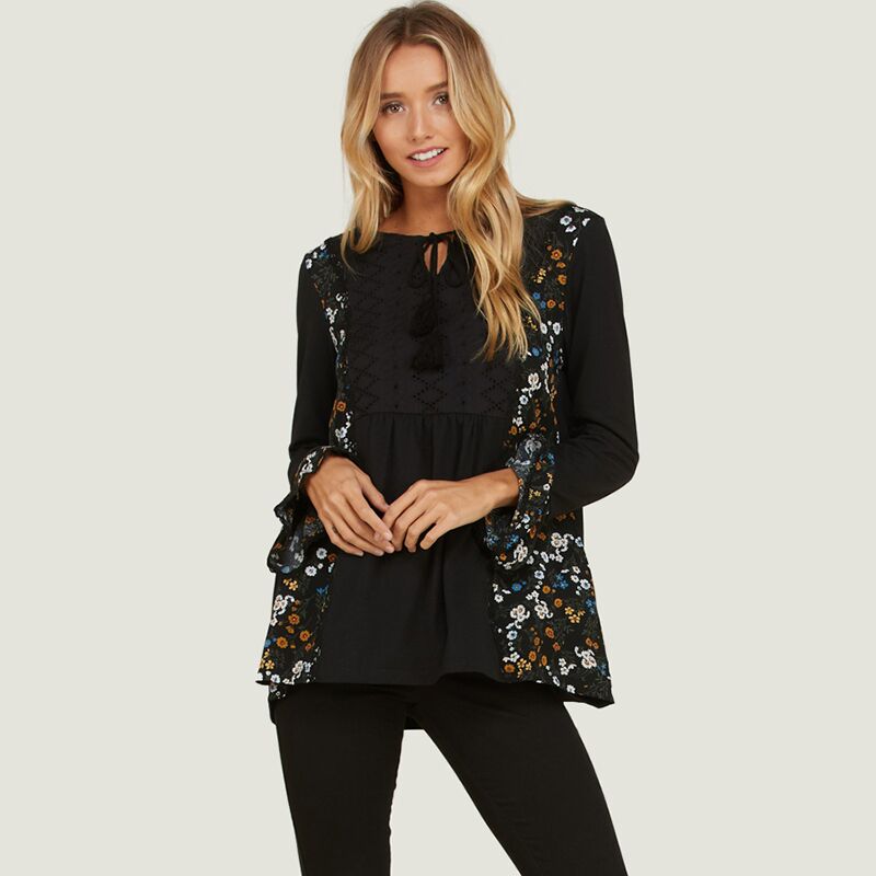 Floral Flute Sleeve Blouse Black