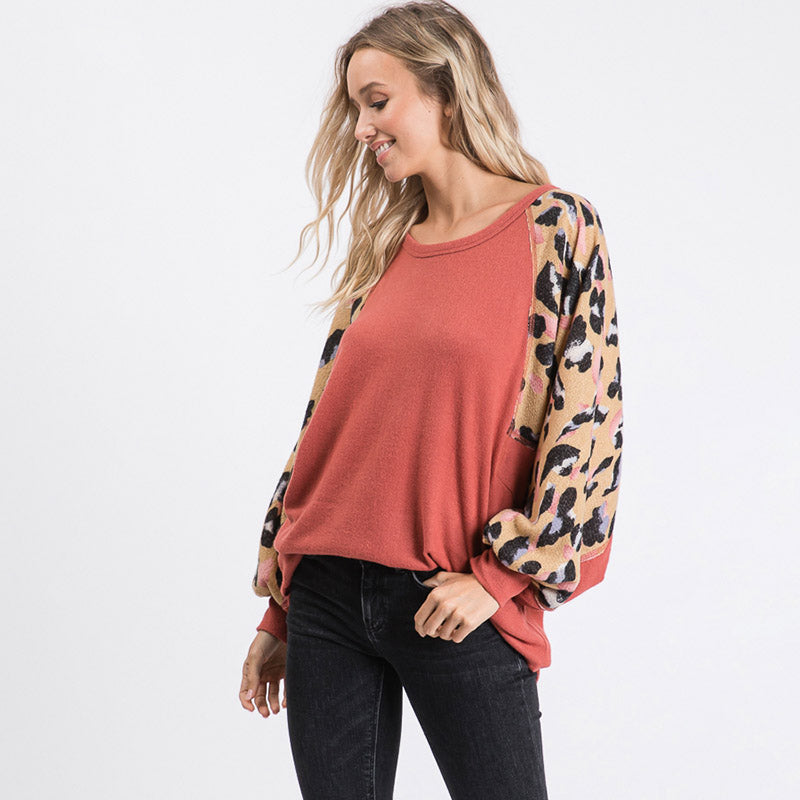 Anna Leopard Sleeve Oversized Top Mauve - The Casual Company