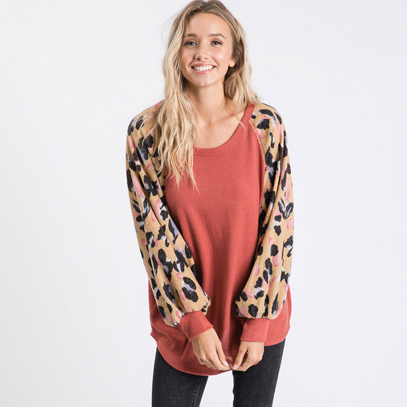 Anna Leopard Sleeve Oversized Top Mauve - The Casual Company