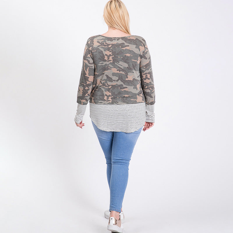 Curve Sule Striped Hem Pocket Top Army