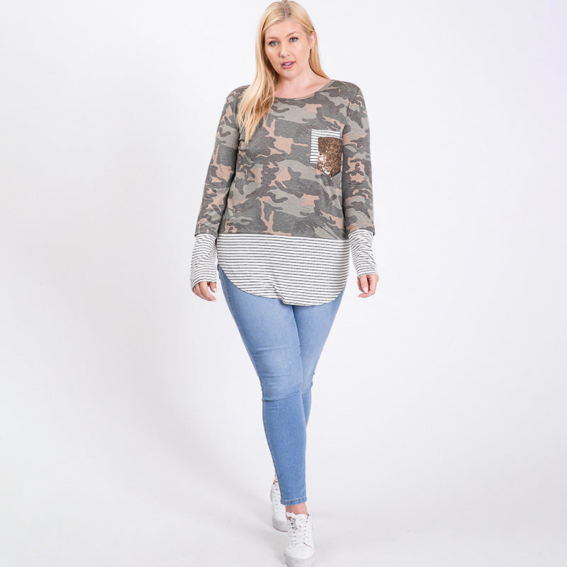 Curve Sule Striped Hem Pocket Top Army